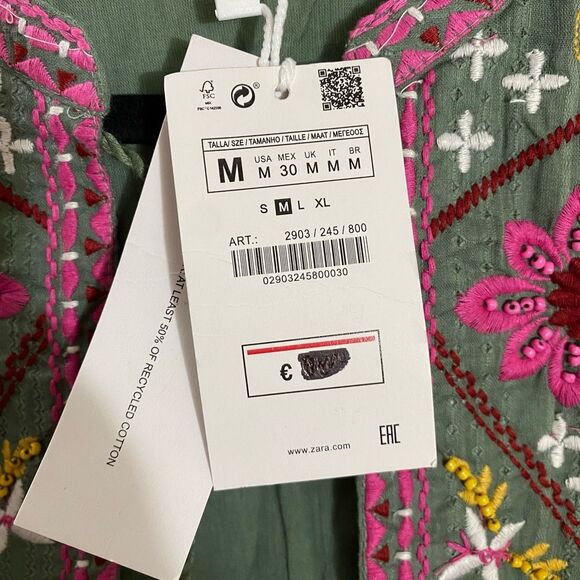 Zara Womens Size Medium Embroidered Kimono Cape Cardigan Green Pink Tie Neck NWT - Picture 10 of 10